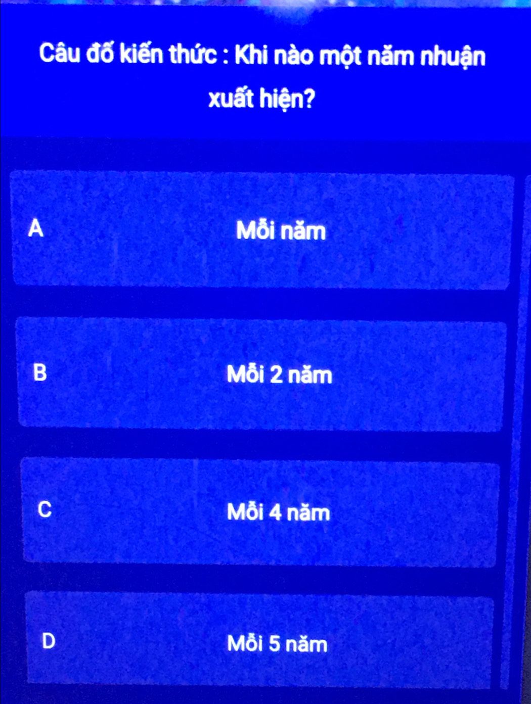 Câu đố kiến thức về năm nhuận với 4 phương án A, B, C, D