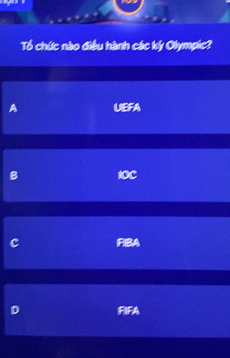 Câu hỏi trắc nghiệm về tổ chức điều hành các kỳ Olympic với bốn phương án UEFA, IOC, FIBA, FIFA