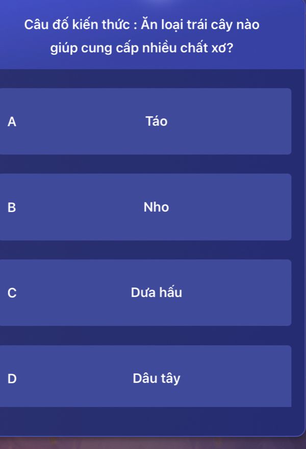 Câu đố kiến thức về loại trái cây cung cấp nhiều chất xơ — đáp án là táo
