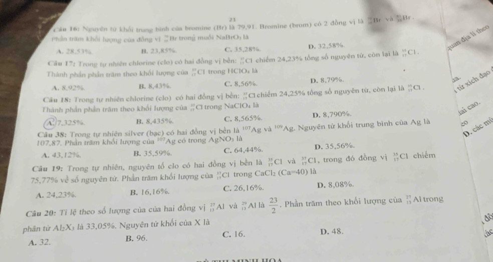 Câu hỏi trắc nghiệm về phân tử khối Br trong chương trình Hóa học