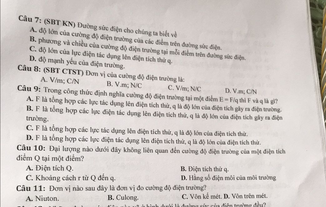 Hình ảnh câu hỏi trắc nghiệm về đường sức điện cho biết