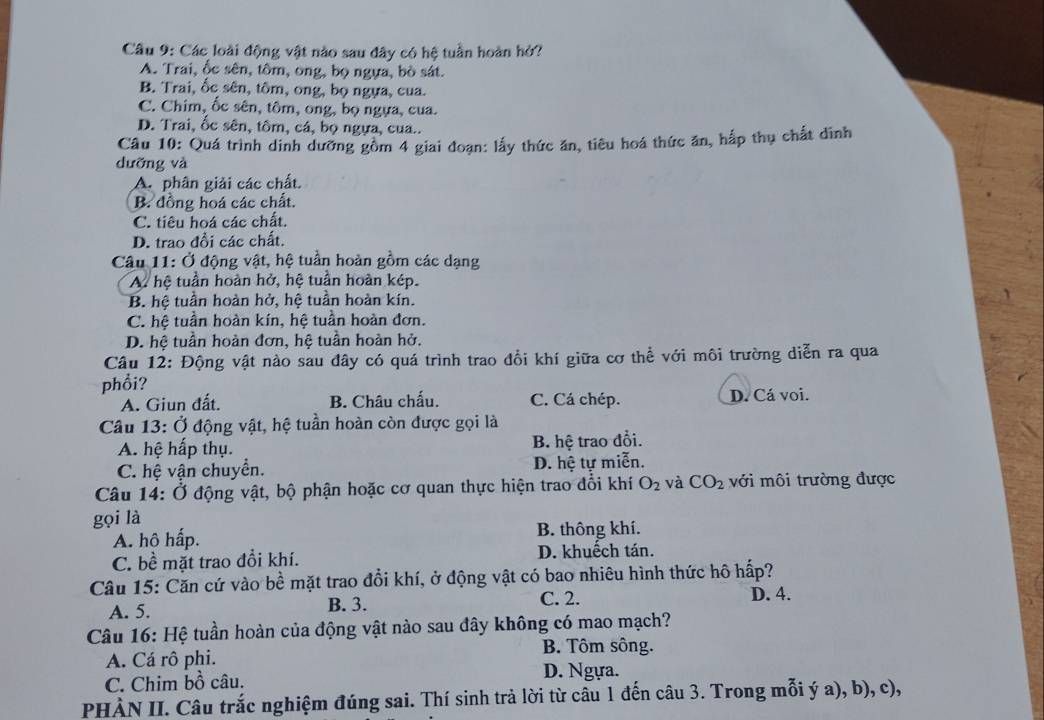 Câu hỏi trắc nghiệm sinh học về động vật có hệ tuần hoàn hở