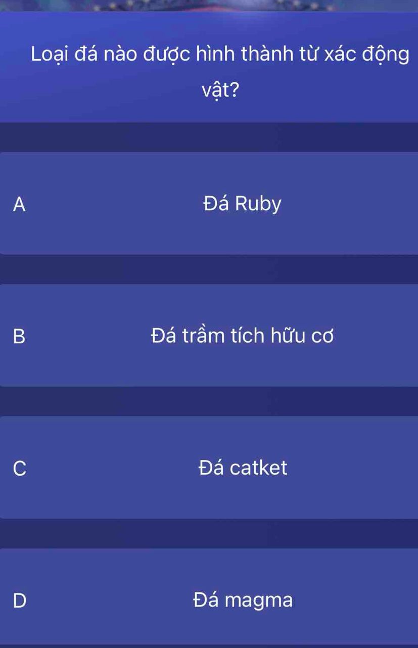 Câu hỏi trắc nghiệm về loại đá được hình thành từ xác động vật và các phương án A B C D
