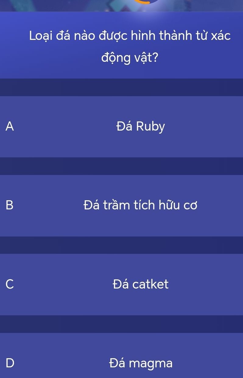 Câu hỏi trắc nghiệm về loại đá được hình thành từ xác động vật với bốn phương án A B C D