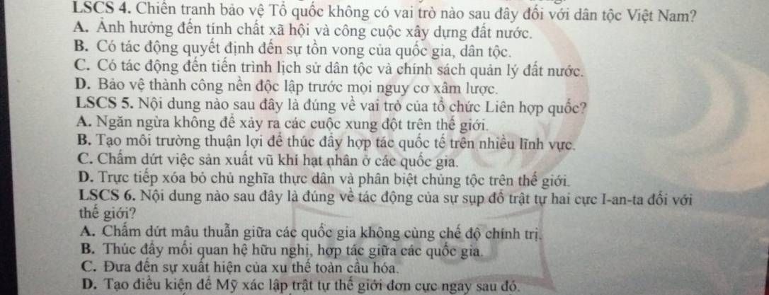 Câu hỏi trắc nghiệm LSCS 4, 5, 6 về chiến tranh bảo vệ Tổ quốc, Liên hợp quốc và trật tự hai cực Ianta