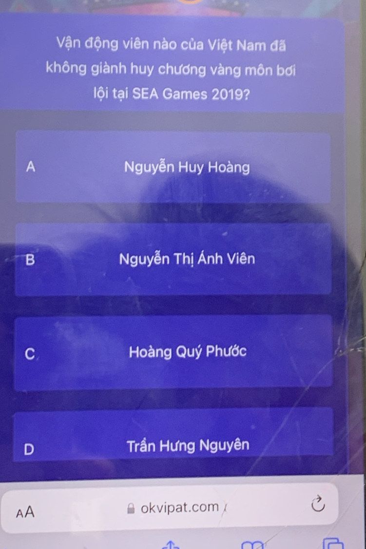 Câu hỏi trắc nghiệm về vận động viên bơi lội Việt Nam không giành huy chương vàng tại SEA Games 2019